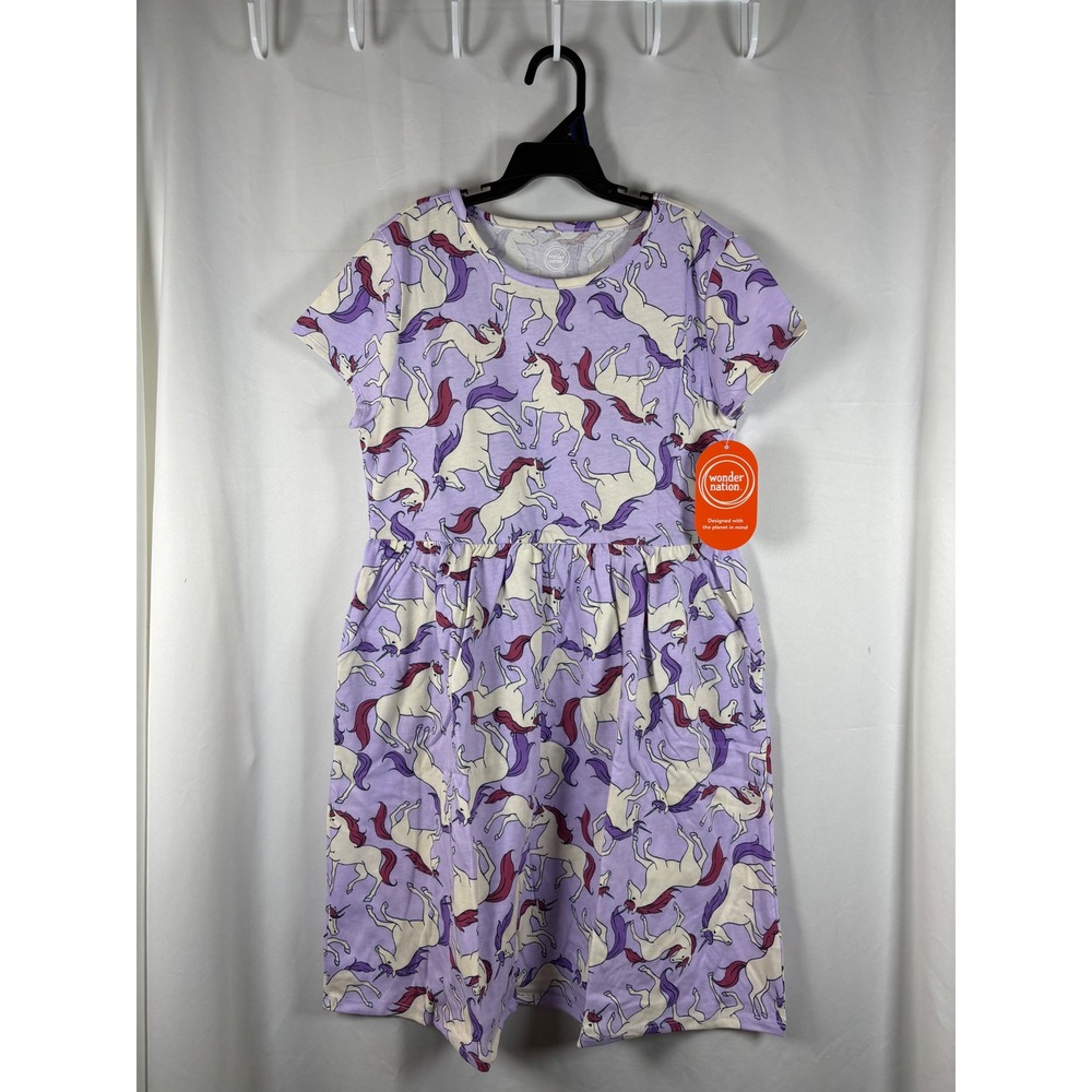 Wonder Nation Girls Purple Unicorn Print Short Sleeve‎ Casual Dress Size L 10-12